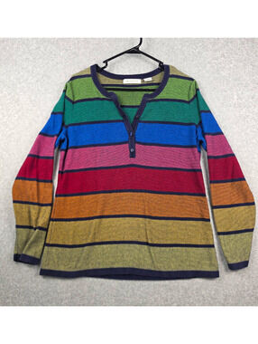 Liz Claiborne Women's L Striped Cotton Knit Henley Button Placket Sweater